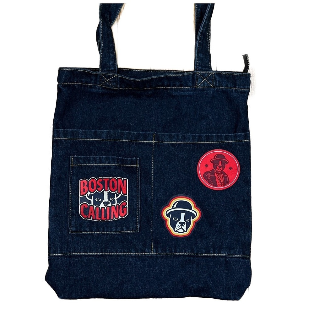Boston Calling Dog Graphic Denim Tote Bag Zip Top Dark Blue